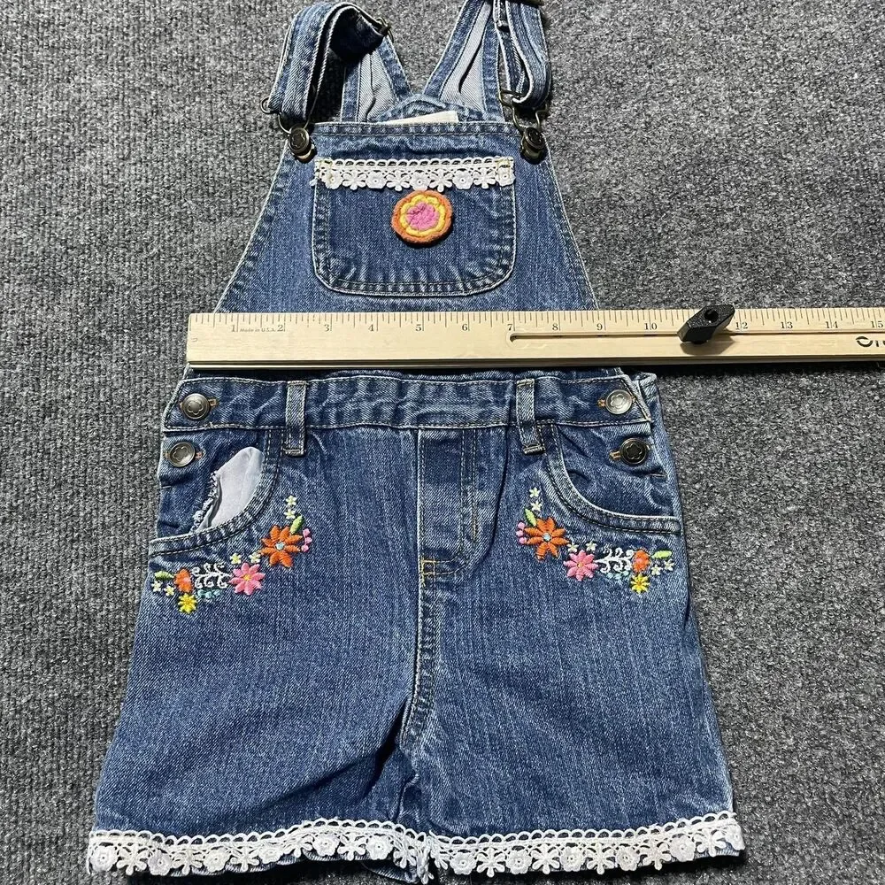 Self Esteem Denim Overalls Shortalls Girl 4T Blue Embroidered Flowers Lace Trim